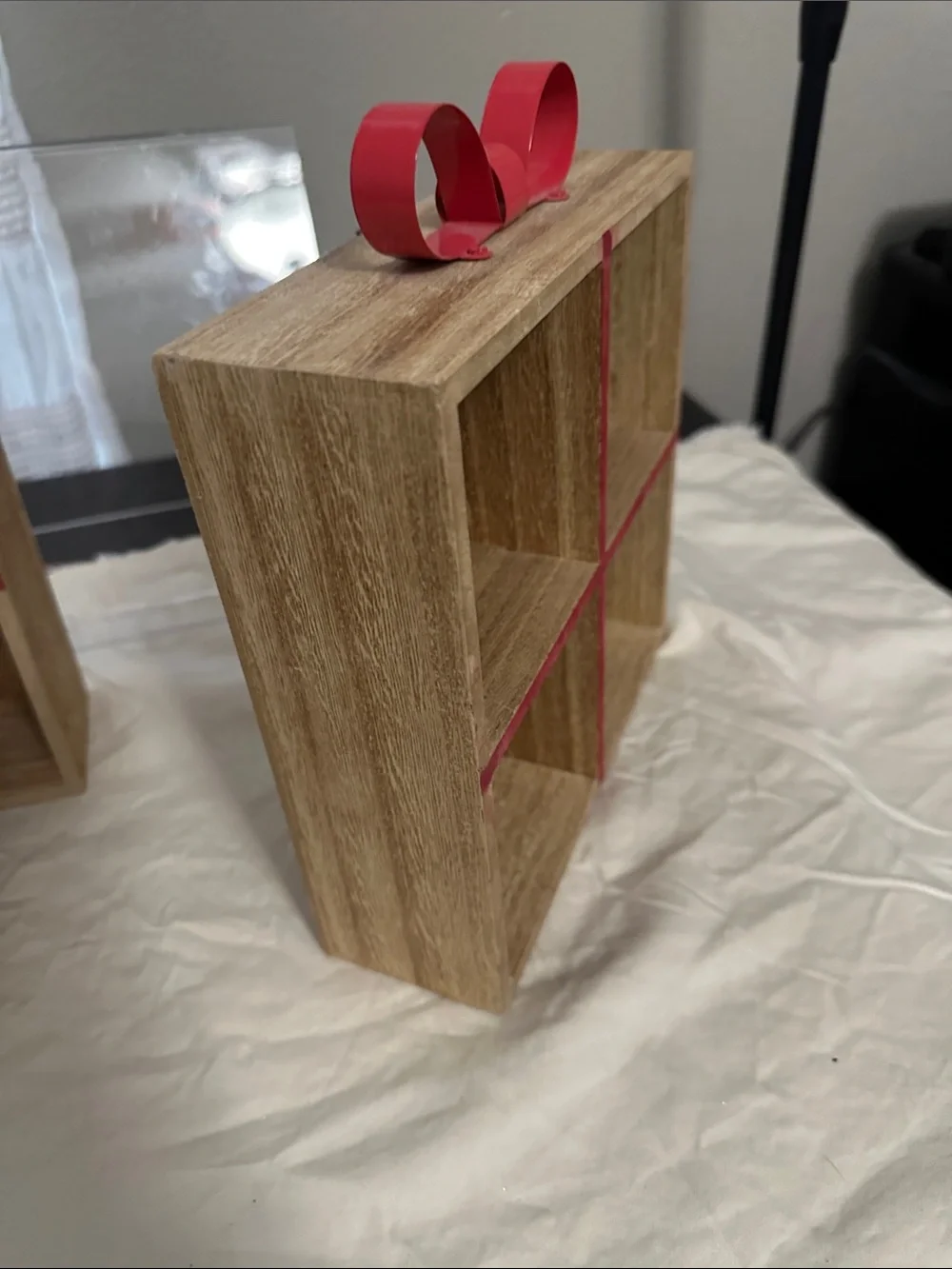 Set of 2 Wooden 4-Compartment Shelf Boxes  with Bow Accents